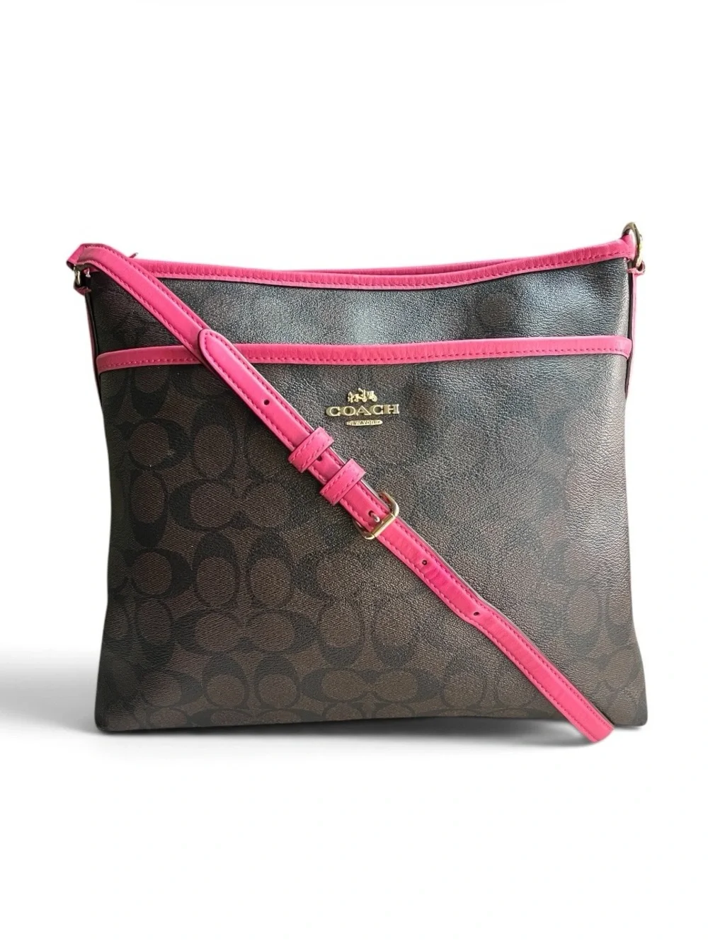 Coach Signature Print File Bag Crossbody, Dark Brown w/ Fuchsia Leather Piping
